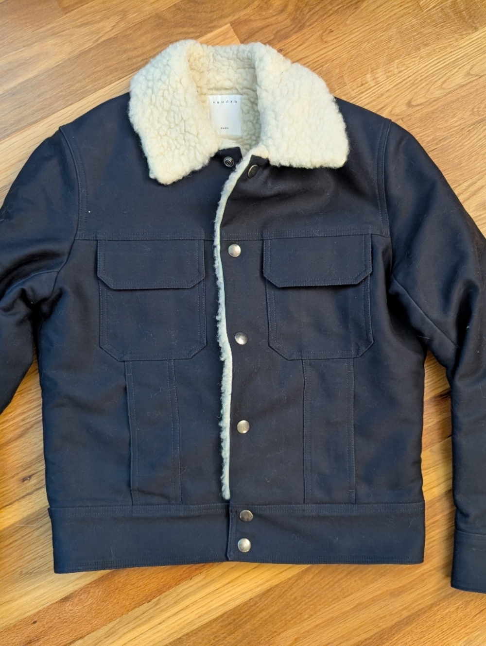 Sandro Navy Trucker Jacket with Cream Sherpa Collar